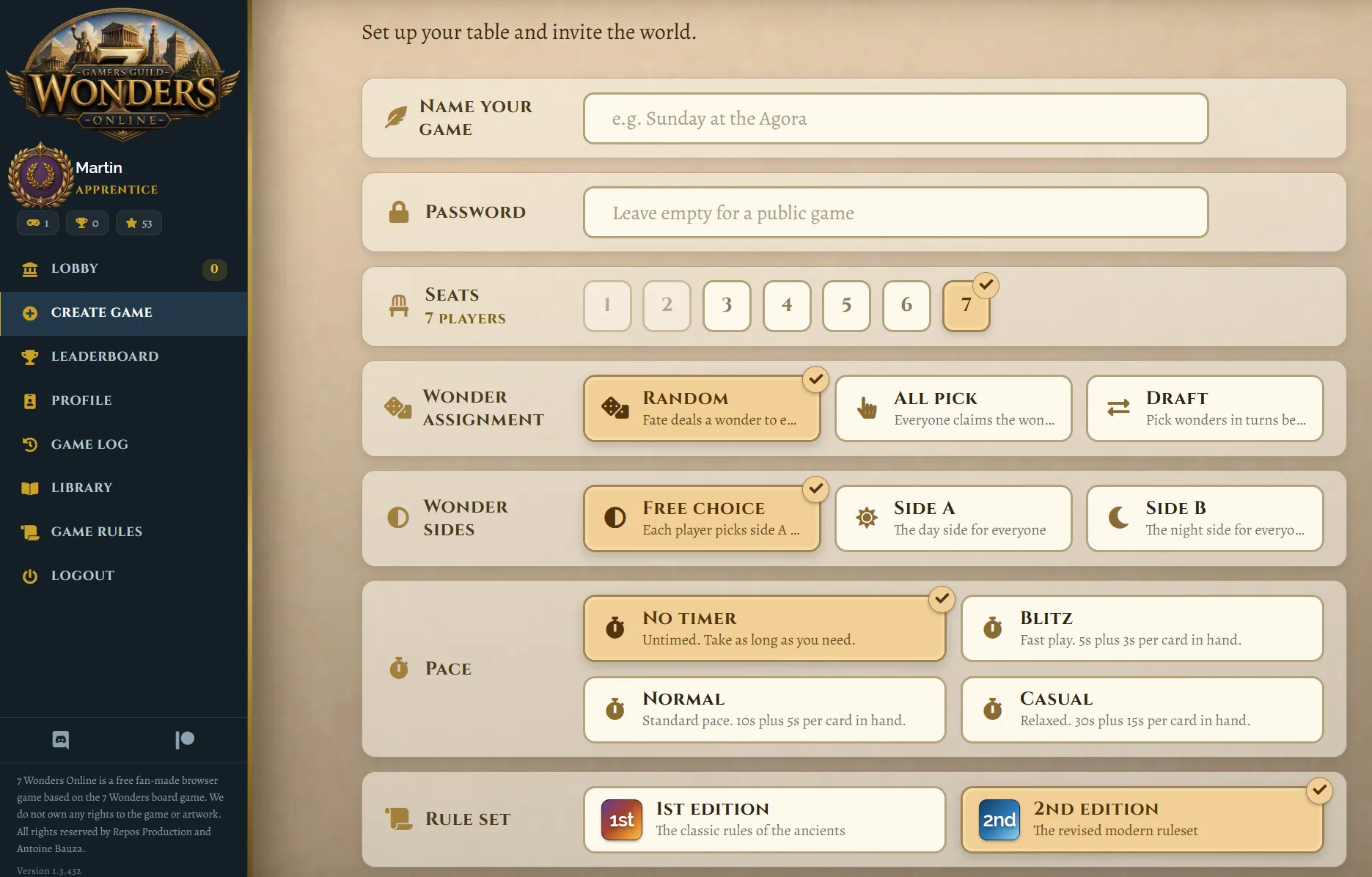 The table setup screen, showing seats, wonder selection and timer options.