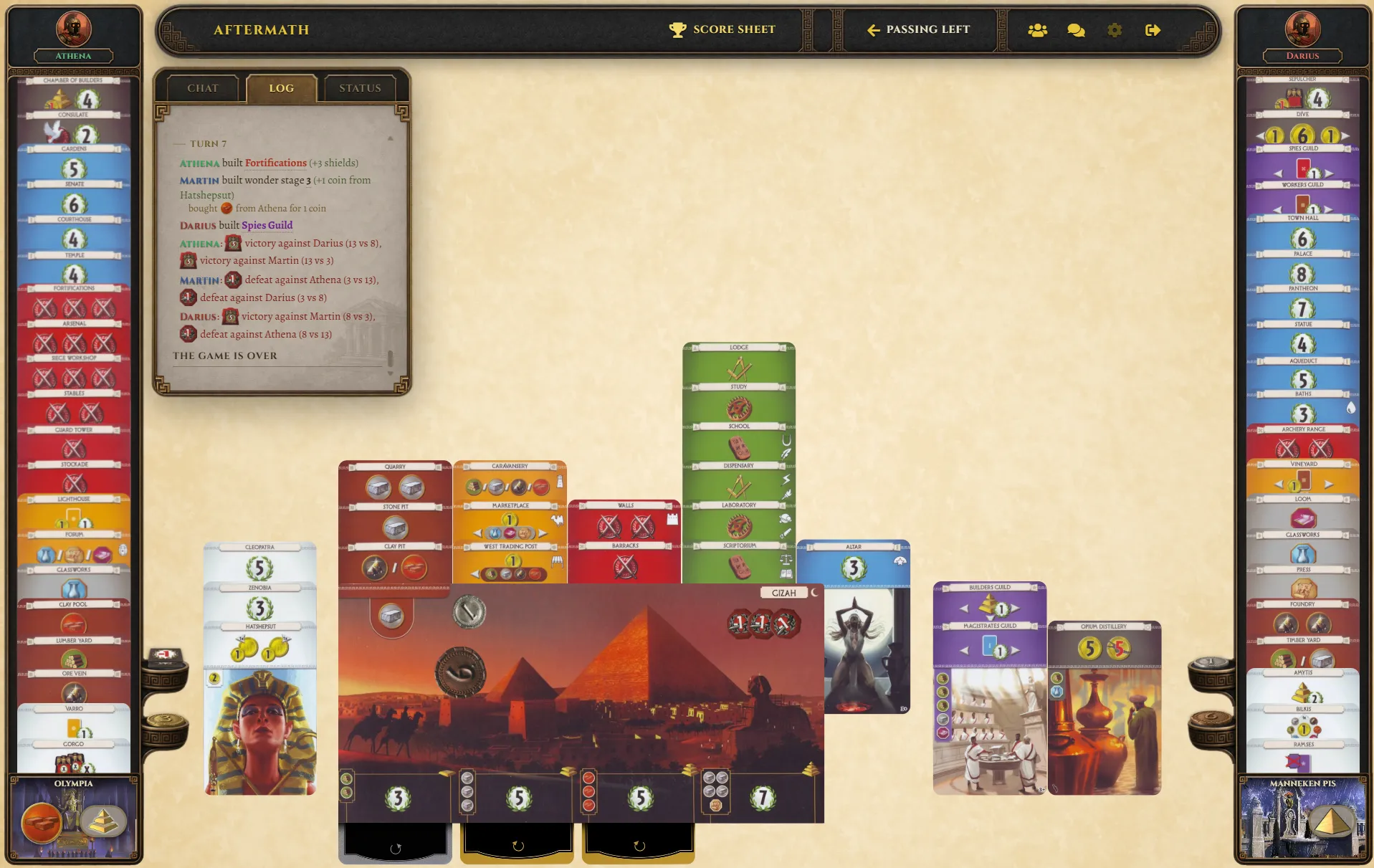 The game table, with city banners, neighbour pillars and the top status bar.
